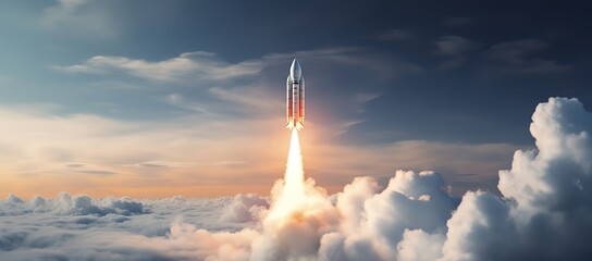 a rocket that is hurtling into space above the clouds. generative AI - obrazy, fototapety, plakaty