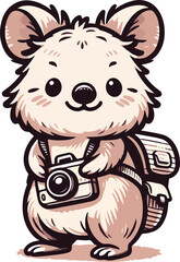 A quokka sporting a backpack and a camera slung around its neck