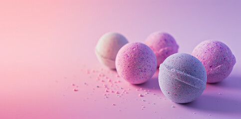 Beautiful fizzy bath bombs. Round multicolored balls for bathing and relaxation, banner with copy space. Handmade aromatic bath bomb.