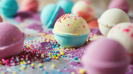 Beautiful fizzy multicolored bath bombs. Round multicolored balls for bathing and relaxation. Handmade aromatic bath bomb. - obrazy, fototapety, plakaty