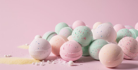 Beautiful fizzy bath bombs in pastel colors palette. Round multicolored balls for bathing and relaxation. Handmade aromatic bath bomb. - obrazy, fototapety, plakaty