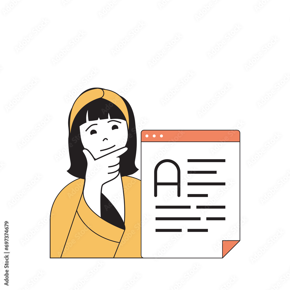 Poster marketing and development concept with cartoon people in flat design for web. woman makes mailing wi