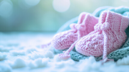Cute pink warm baby knitted booties on pastel background with copy space. Baby socks for newborn babies. First steps, baby products store banner.
