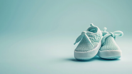 Cute blue warm baby knitted booties on pastel blue background with copy space. Baby socks for newborn babies. First steps, baby products store banner.