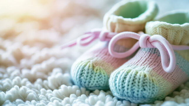 Cute rainbow colored warm baby knitted booties on pastel background with copy space. Baby socks for newborn babies. First steps, baby products store banner.