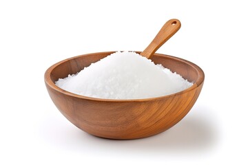 white salt in a wooden bowl on a white background. generative Ai