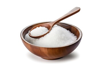 Fototapeta na wymiar white salt in a wooden bowl on a white background. generative Ai