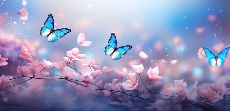 Beautiful blooming cherry blossoms with fluttering butterflies