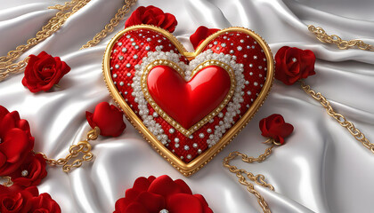 Beautiful embossed red love heart with golden frame stuffed with diamonds on white taffeta velvet