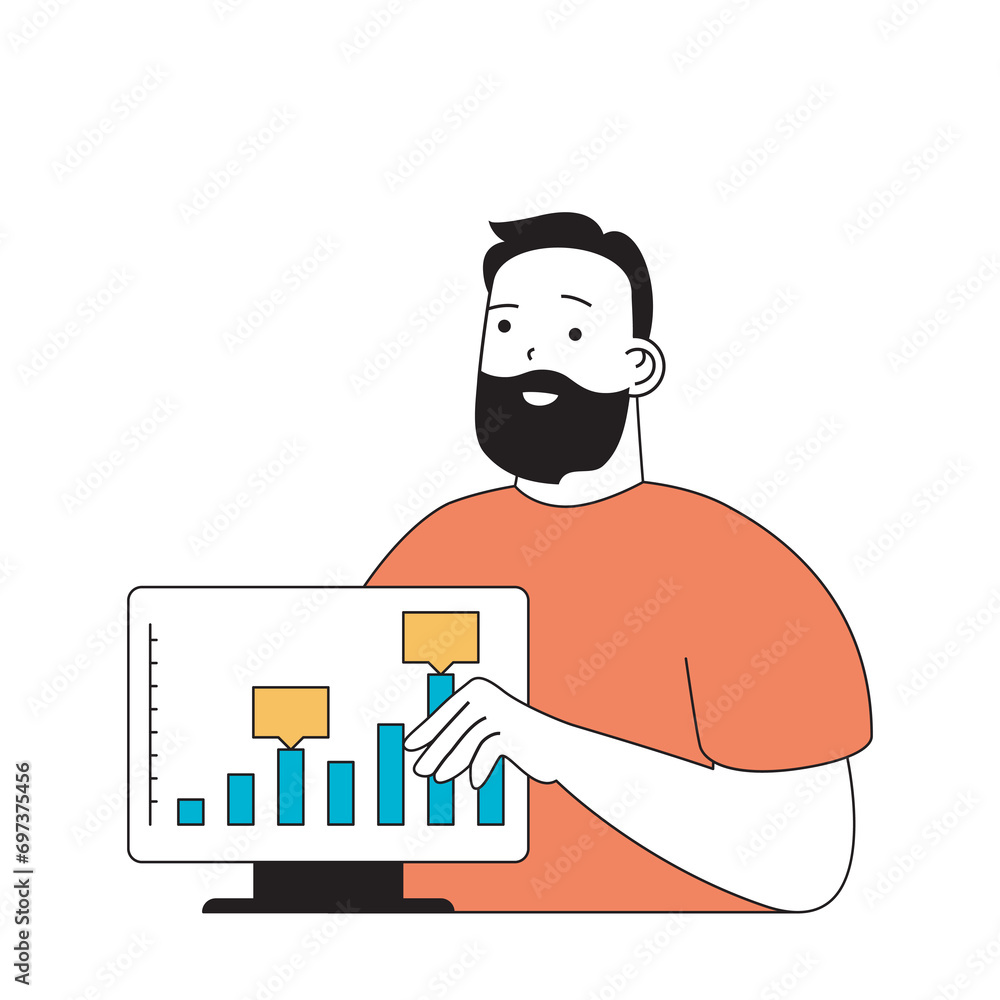 Poster marketing and development concept with cartoon people in flat design for web. man making data analyt
