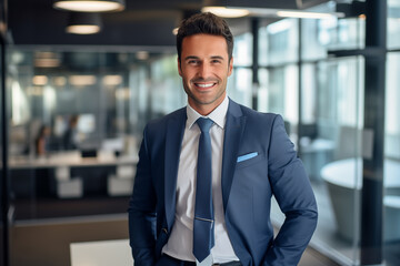 A smiling, handsome businessman dressed in a suit is inside an office