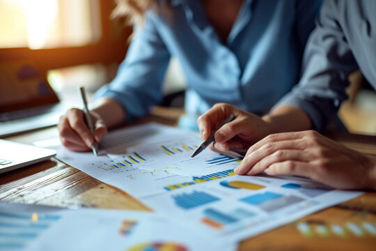 Businesspeople discussing graphs and charts, leaving space for a note on strategic planning