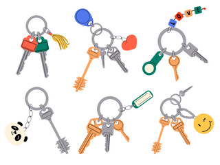 Vector flat illustration in a minimalistic style a set of keys, a bunch of keys for a house, apartment with a keychain. A set of keys on a white background.