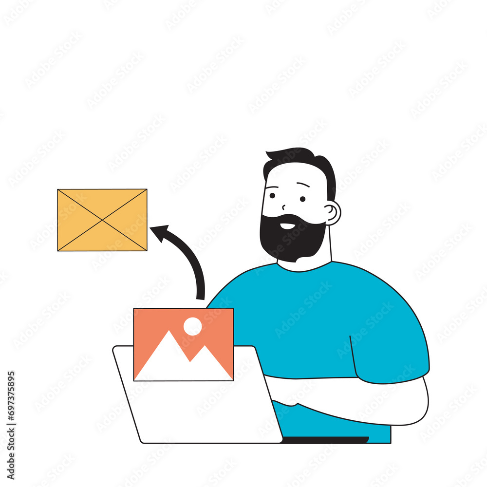 Aufkleber marketing and development concept with cartoon people in flat design for web. man sending business e