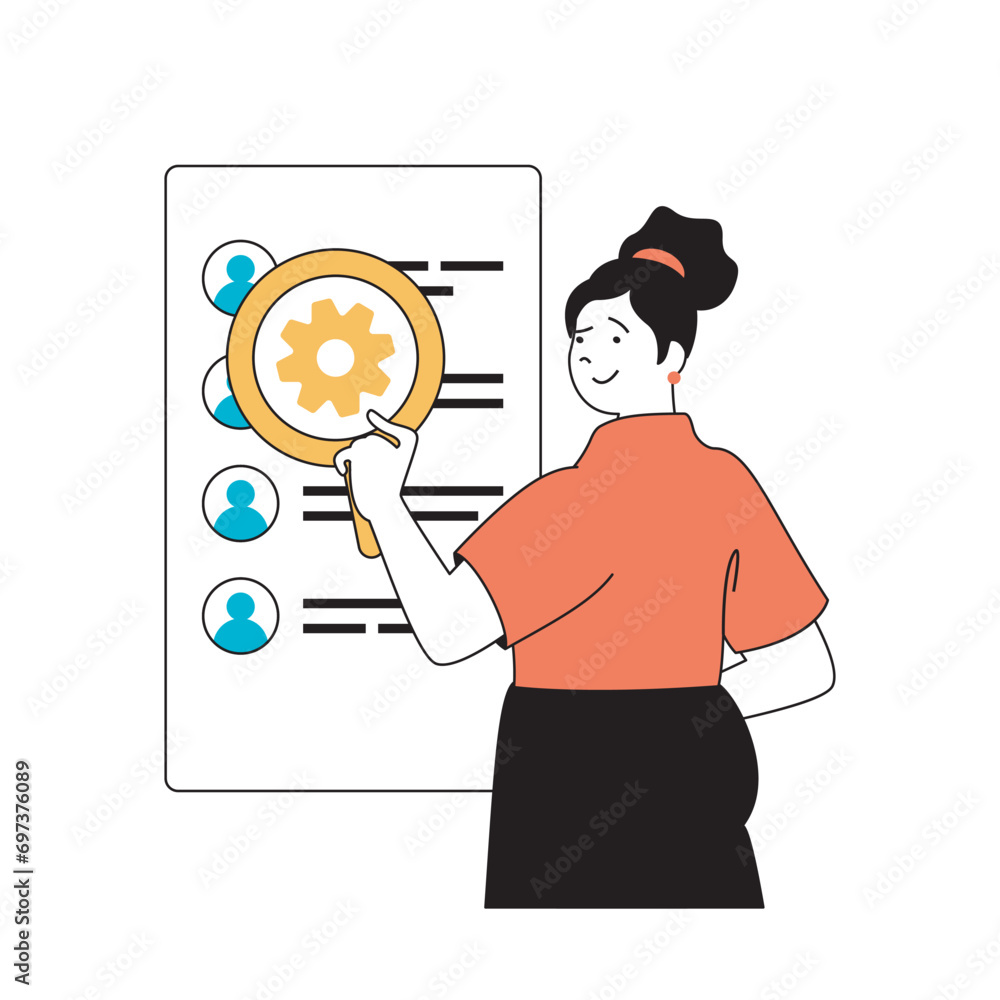 Aufkleber marketing and development concept with cartoon people in flat design for web. woman searching new cl