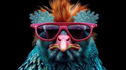 punk chicken wearing sunglasses on a solid color background, vector art, digital art, faceted, minimal, abstract.