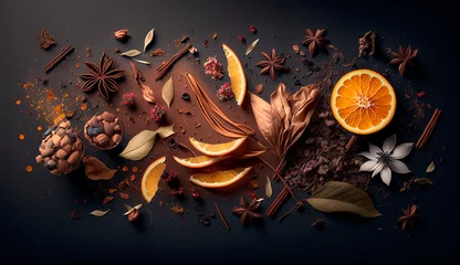 Fotobehang tea leaves dried berries and dried fruits, orange peel, cinnamon, star anise. Generative AI, © Milena