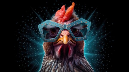 punk chicken wearing sunglasses on a solid color background, vector art, digital art, faceted, minimal, abstract.