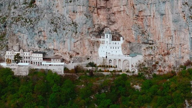 Aerial shot of the Ostrog Monastery or Monasterio de Ostrog in Montenegro. It is an important Orthodox religion center in Balkans