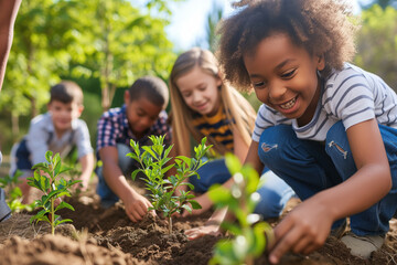 Children of different backgrounds united for environmental conservation, learning about the environment through gardening and cultivating plants.