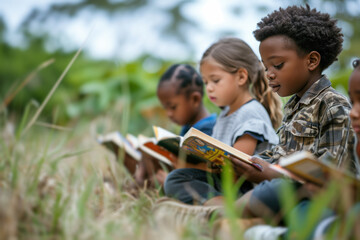 A group of children from diverse cultures are seated on the grass, surrounded by greenery and outdoor plants, dedicated to reading, showing concentration and lively curiosity, in a collective moment  - obrazy, fototapety, plakaty