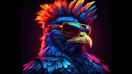 cool cyber punk chicken wearing sunglasses on a solid color background, vector art, digital art, faceted, minimal, abstract.