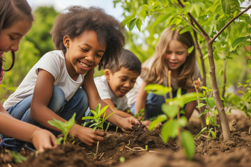Children of different ethnicities learning to cultivate in a school plantation. Little Gardeners in Action: Fostering Inclusion and Love for the Earth. - obrazy, fototapety, plakaty