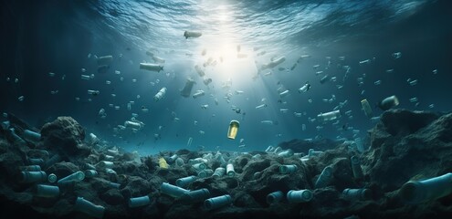 Piles of rubbish on the seabed with clear water and light requirements from above. generative AI - obrazy, fototapety, plakaty