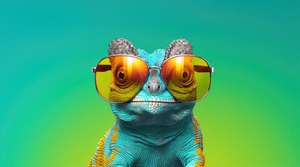chameleon wearing sunglasses on a solid color background, vector art, digital art, faceted, minimal, abstract.
 - obrazy, fototapety, plakaty