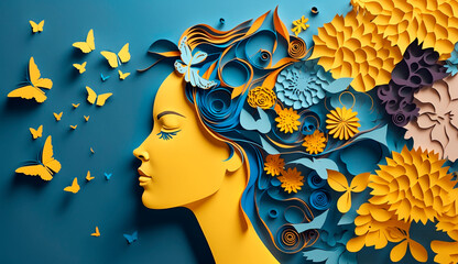 art with paper, happy woman with flowers Women's day specials. Generative Ai,