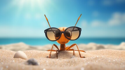 Obraz premium A small insect wearing sunglasses on a sandy beach