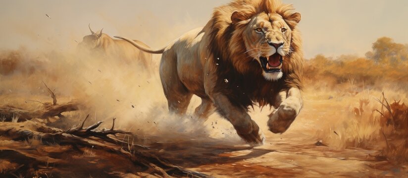 Young lion running away with buffalo leg.