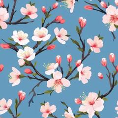 Seamless pattern with blooming peach flowers on a blue background