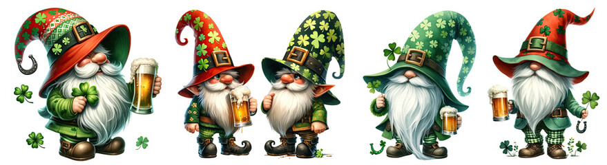 St. Patrick’s Day Gnomes , Happy Leprechaun with beer illustration cut out transparent isolated on white background ,PNG file