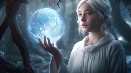 A beautiful young woman holds a mystical magical glowing crystal ball in her hands in the forest. Created with generative AI.	
