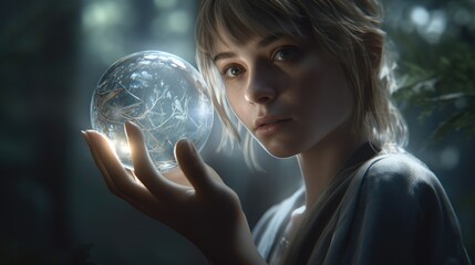 Naklejka premium A beautiful young woman holds a mystical magical glowing crystal ball in her hands in the forest. Created with generative AI. 