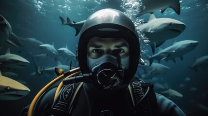 Diver meets some sharks. Created with Generative AI