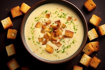 Cream soup with garlic croutons - obrazy, fototapety, plakaty