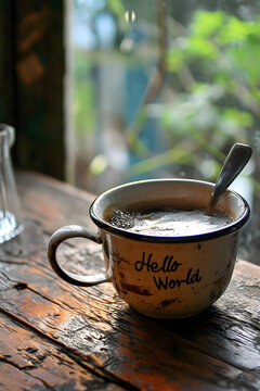 A Delicious Cup of Coffee with 'Hello World' Written on it: A Java Programmer's Delight, AI Generative