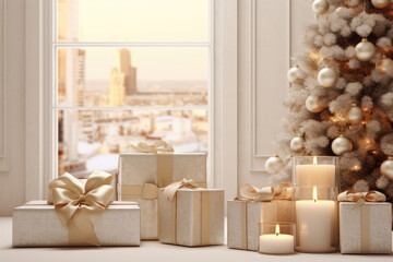 Gift box and candles on wooden table against blurred lights, closeup