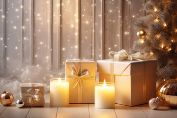 Gift box and candles on wooden table against blurred lights, closeup