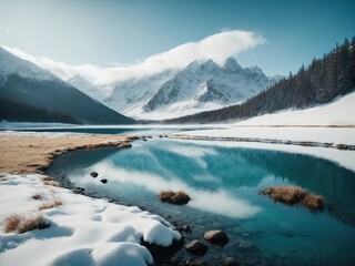 Fantastic winter landscape with snow-capped mountains and blue lake, lake and mountains, landscape with lake, A stunning winter landscape featuring snow-capped mountains and a serene blue lake