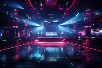 Interior of a night club with red lights. 3D rendering - Powered by Adobe