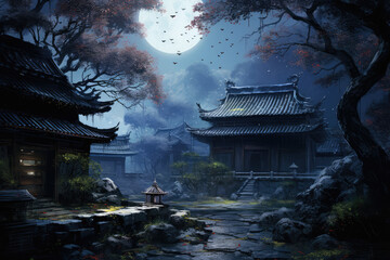 Fantasy landscape with old Chinese architecture and a big full moon