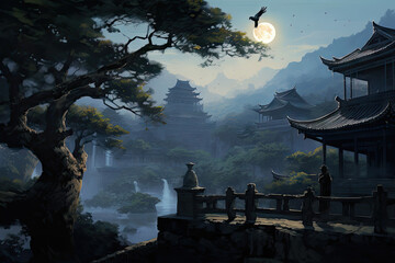 Fantasy landscape with old Chinese architecture and a big full moon