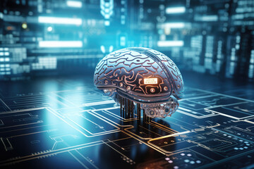 Human brain on digital background. Mixed media. 3D rendering