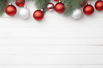 Fototapeta na wymiar Christmas decoration on white wooden background. Top view with copy space