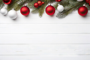 Fototapeta na wymiar Christmas decoration on white wooden background. Top view with copy space