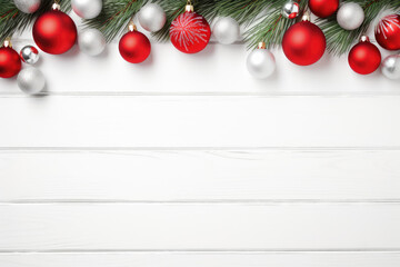 Christmas decoration on white wooden background. Top view with copy space