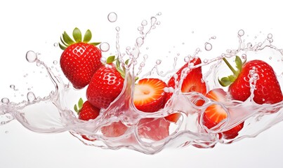 Several fresh, red strawberries fell into the clear water. generative AI